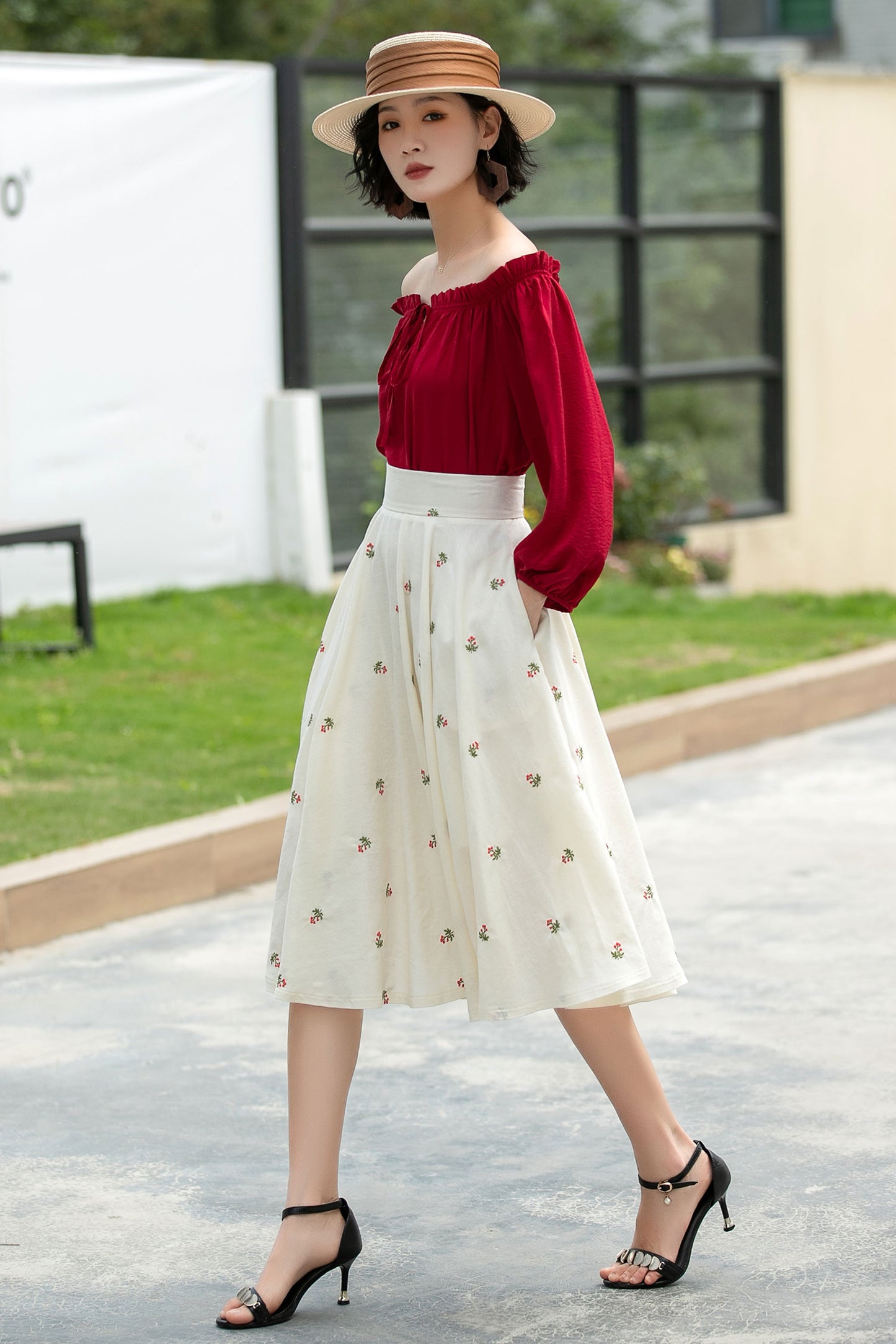 Floral Linen Cotton Midi Skirt - High Waist Circle Swing | Xiaolizi 6050