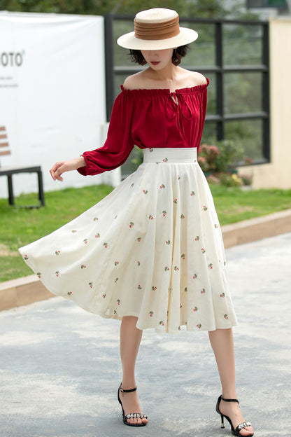Floral Linen Cotton Midi Skirt - High Waist Circle Swing | Xiaolizi 6050