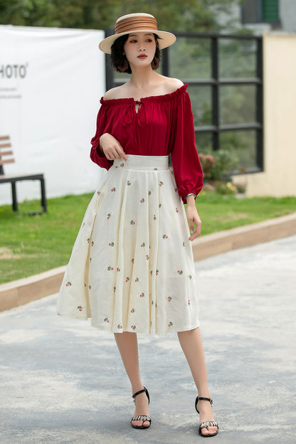 Floral Linen Cotton Midi Skirt - High Waist Circle Swing | Xiaolizi 6050