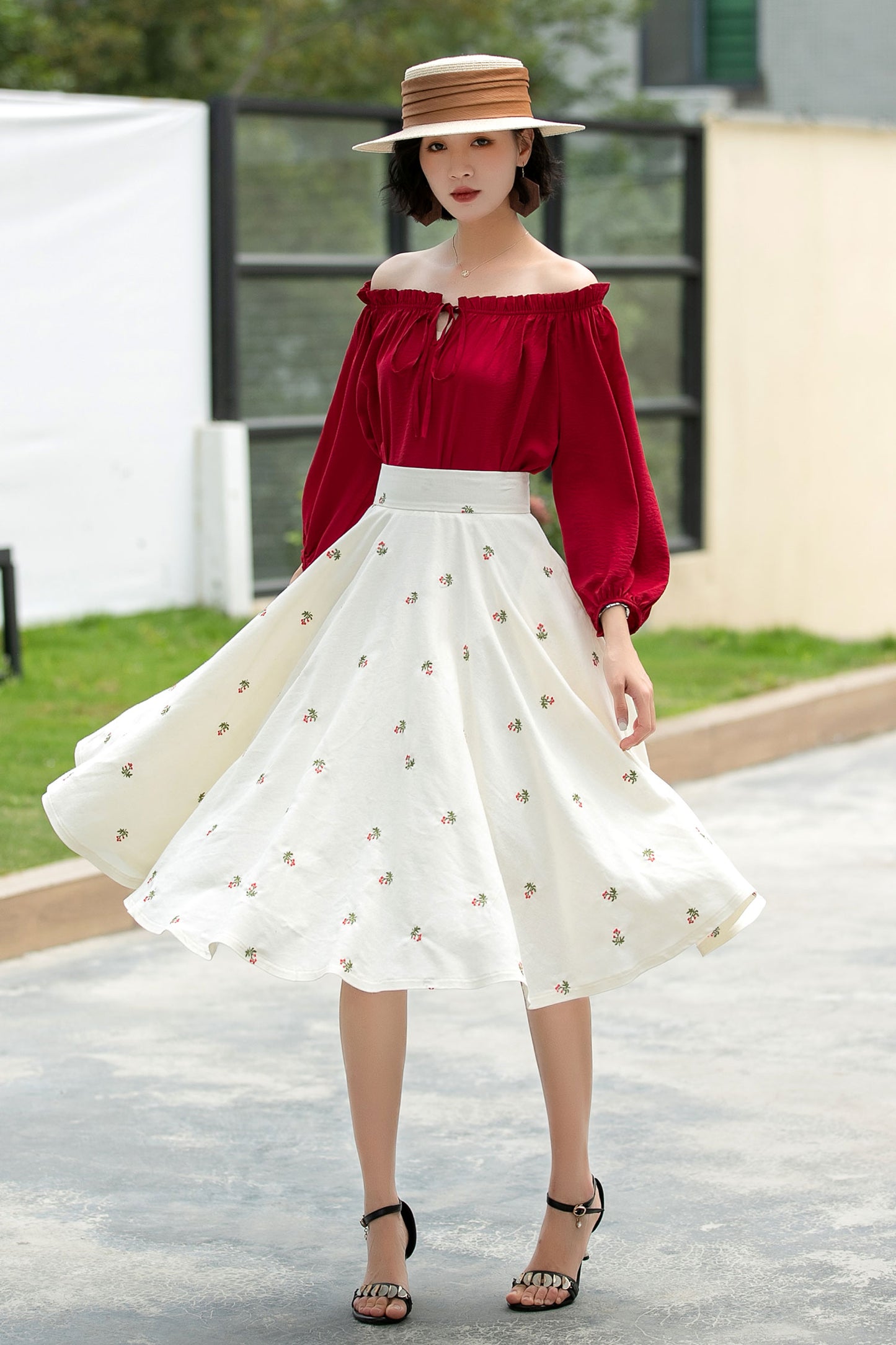 Floral Linen Cotton Midi Skirt - High Waist Circle Swing | Xiaolizi 6050
