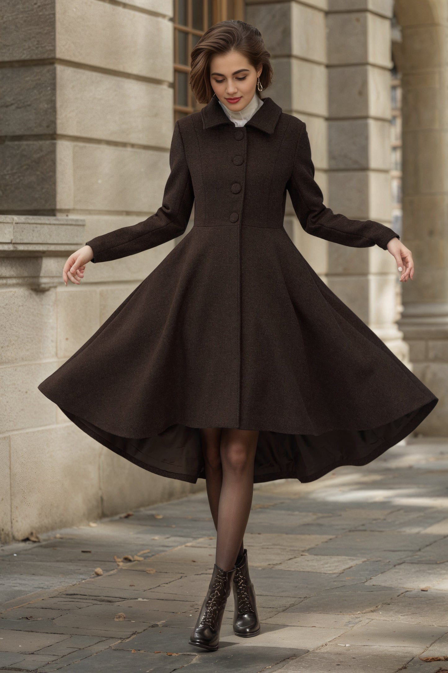 Brown Wool Coat – Vintage Winter Cape Overcoat with High-Low Hem 6548