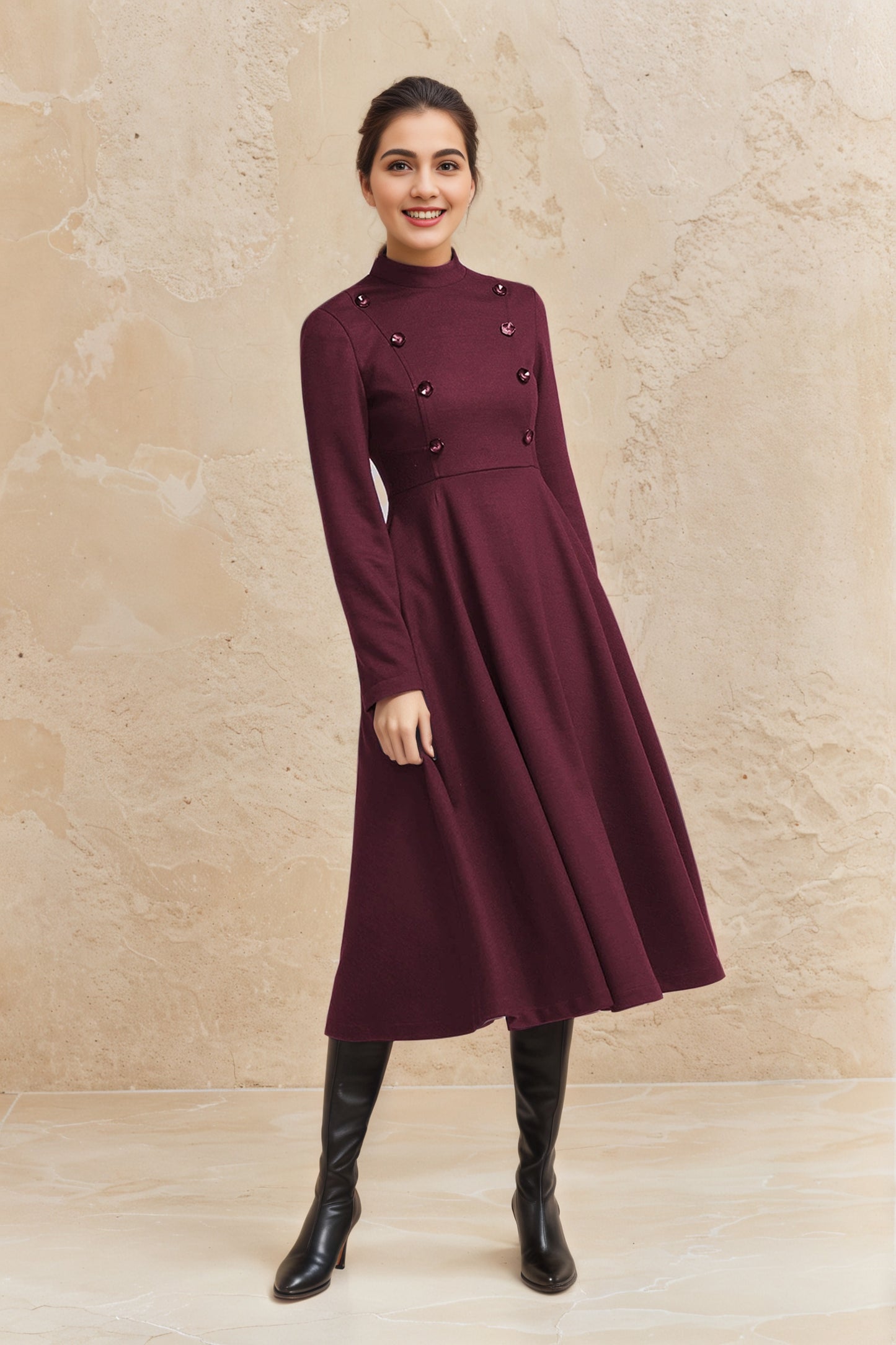 Winter wool long fit and flare warm dress for women 6517