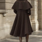 Brown Wool Coat – Vintage Winter Cape Overcoat with High-Low Hem 6548