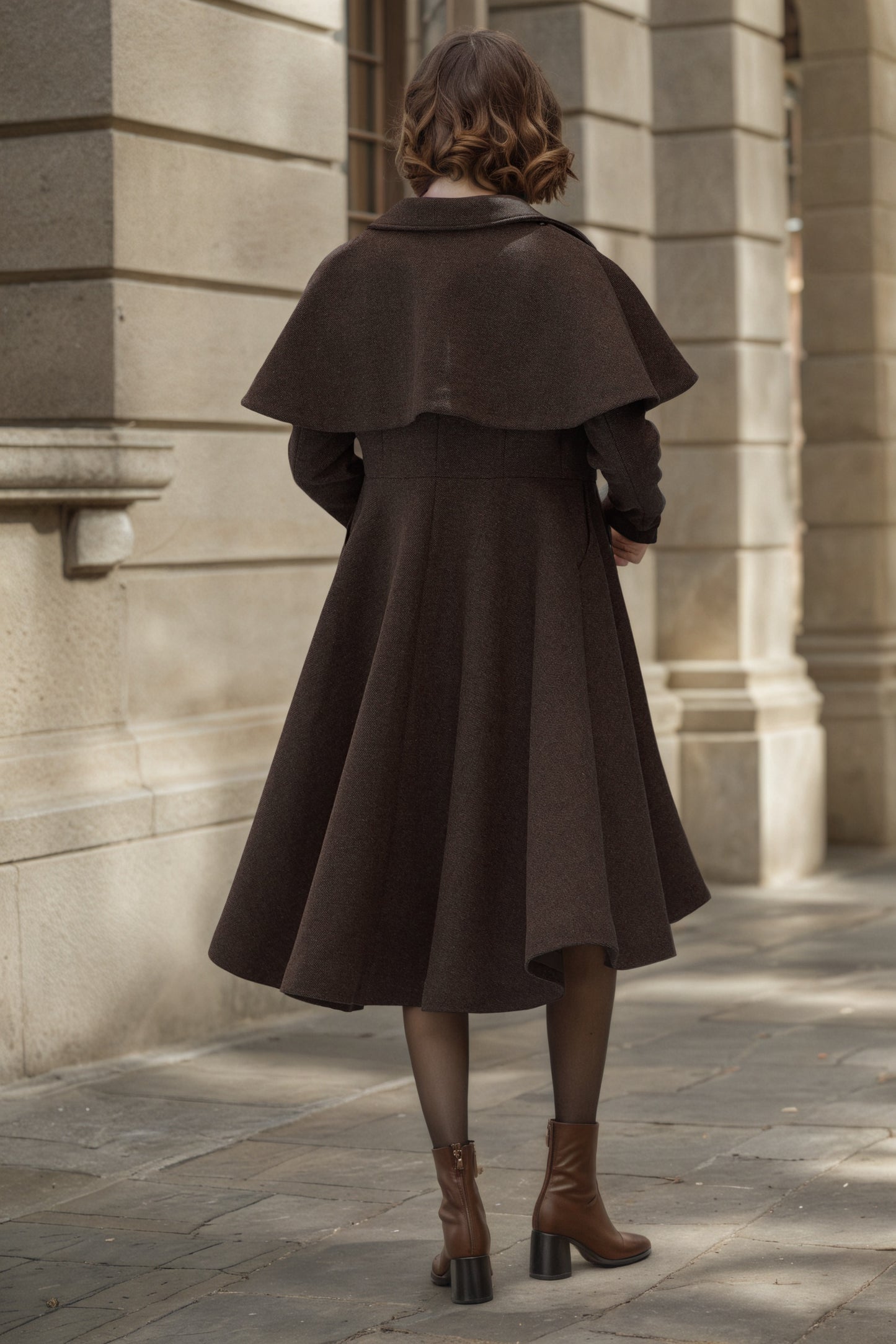 Brown Wool Coat – Vintage Winter Cape Overcoat with High-Low Hem 6548