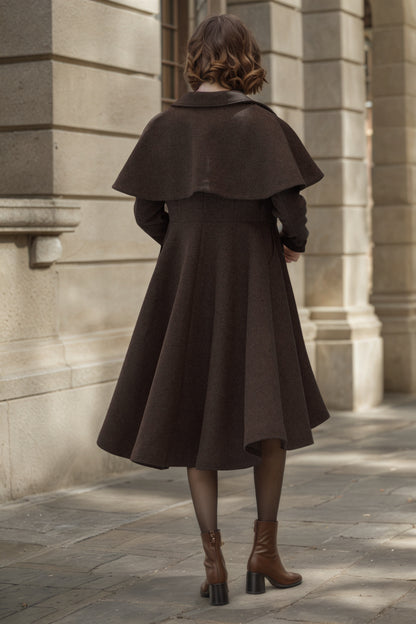 Brown Wool Coat – Vintage Winter Cape Overcoat with High-Low Hem 6548