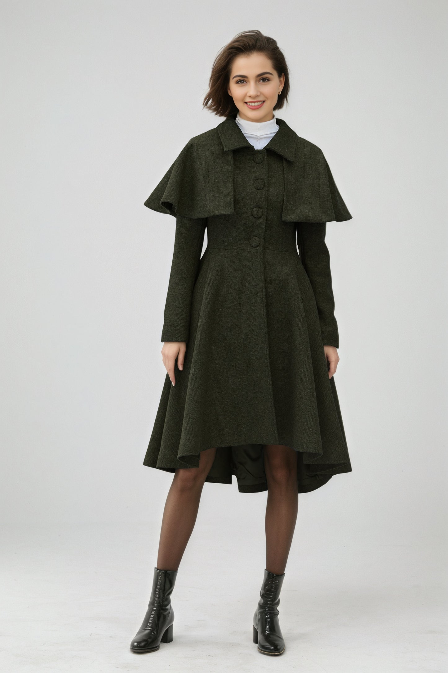 Army Green Wool Coat – Vintage Winter Cape Overcoat with High-Low Hem 6549