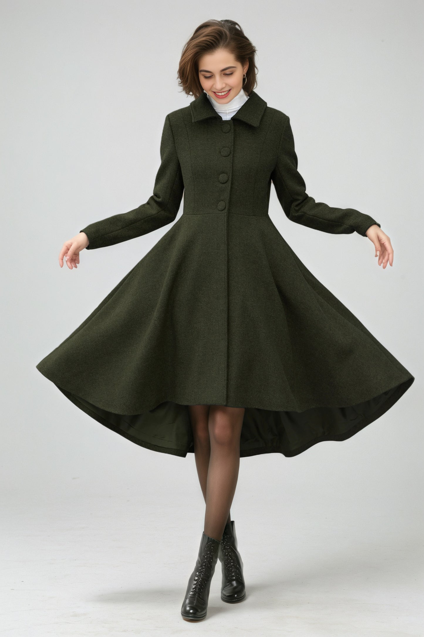 Army Green Wool Coat – Vintage Winter Cape Overcoat with High-Low Hem 6549