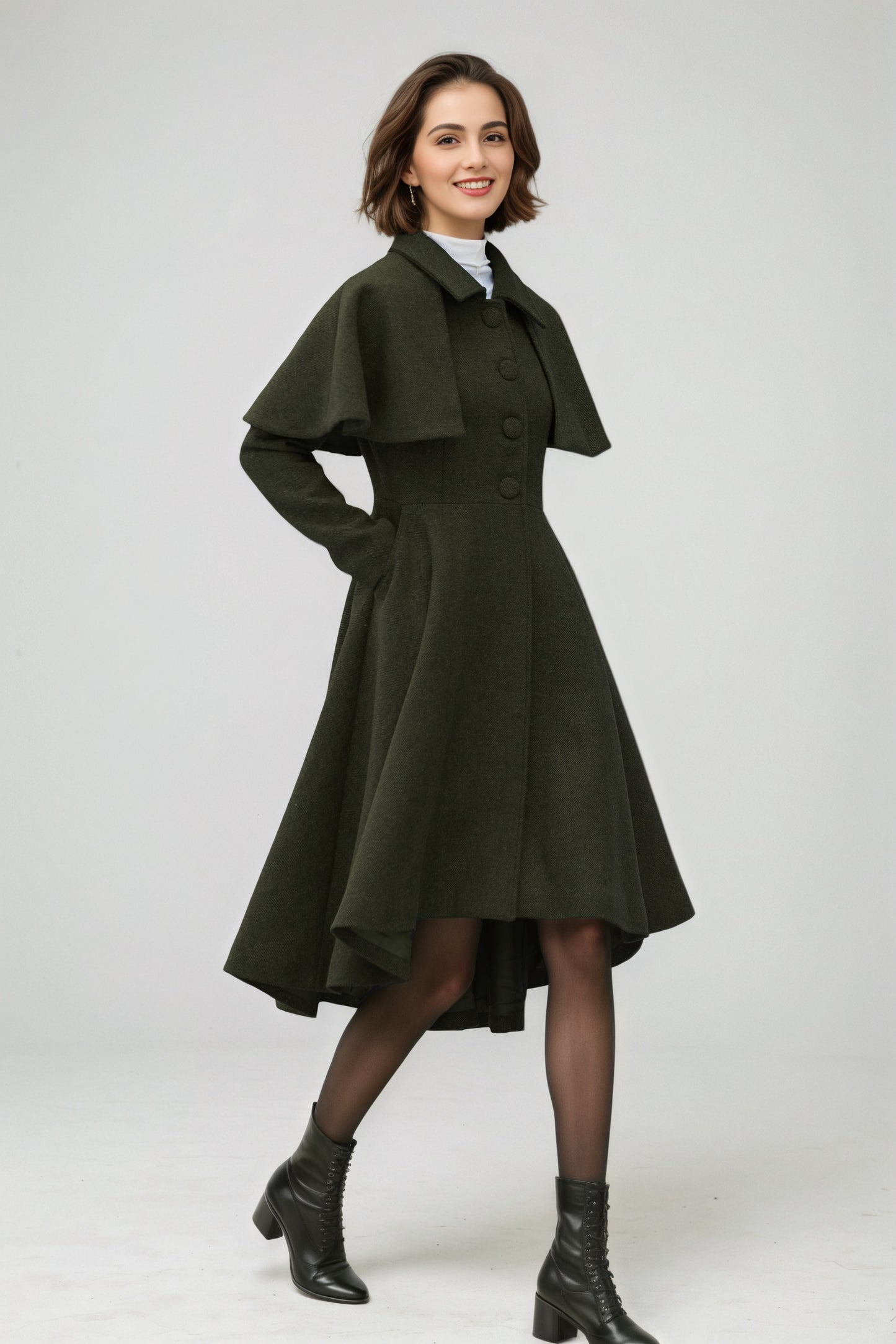 Army Green Wool Coat – Vintage Winter Cape Overcoat with High-Low Hem 6549