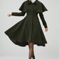 Army Green Wool Coat – Vintage Winter Cape Overcoat with High-Low Hem 6549