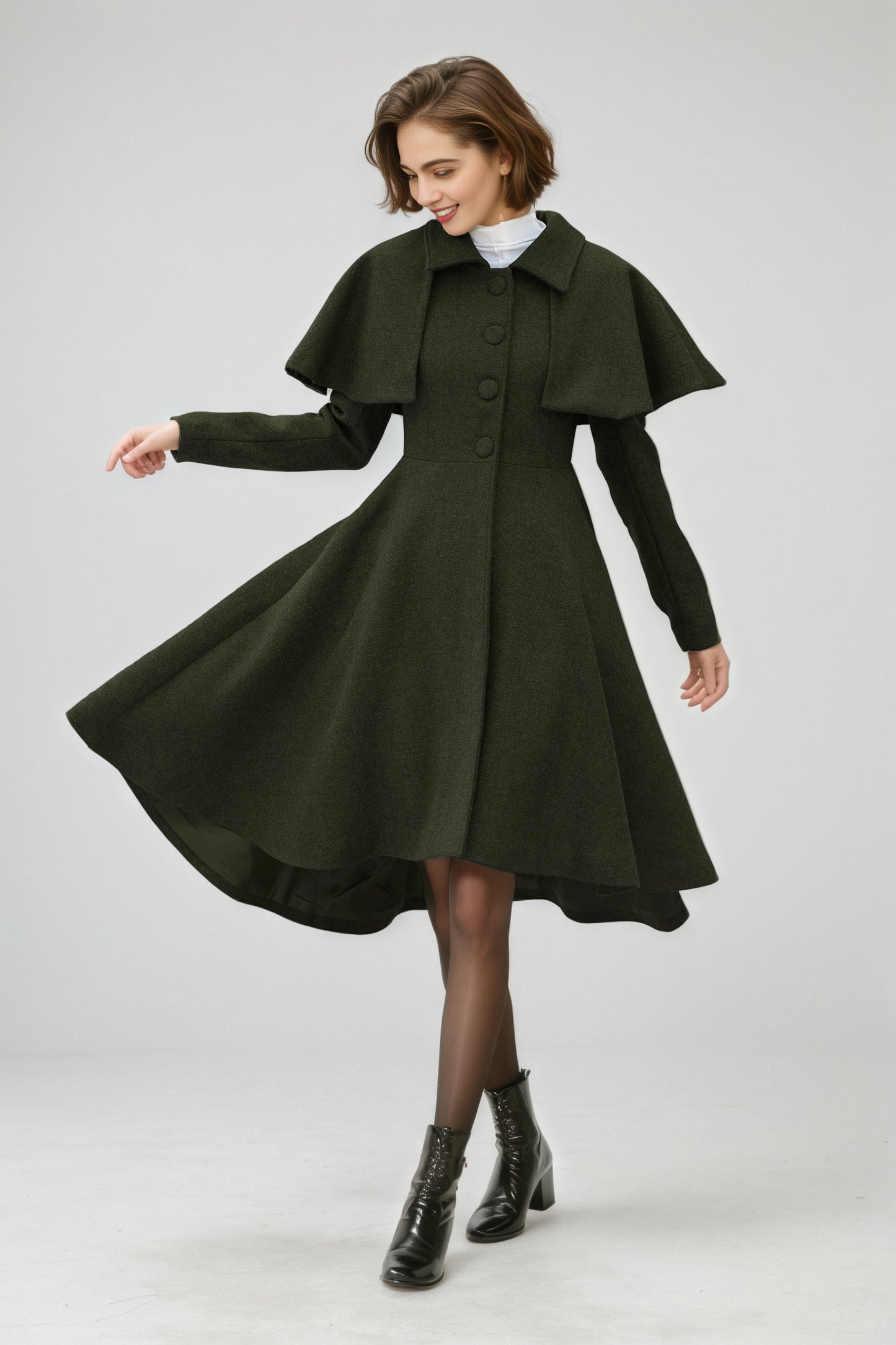 Army Green Wool Coat – Vintage Winter Cape Overcoat with High-Low Hem 6549