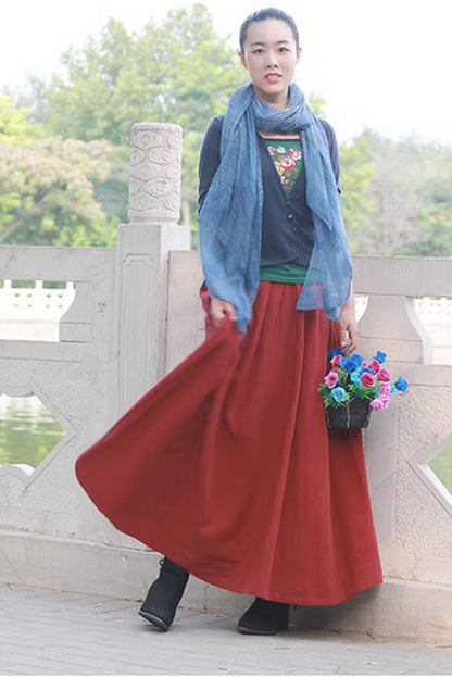 Linen Maxi Skirt - Elastic Waist Side Pockets Plus Size | Xiaolizi 4358