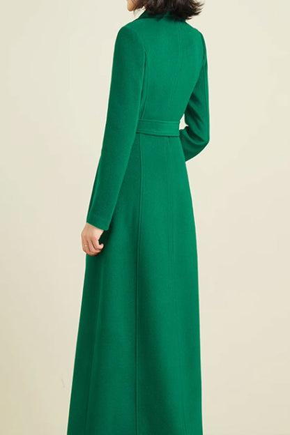 Green Wool Maxi Coat - Belted Waist, Lapel Collar 4590
