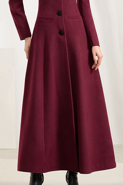 Burgundy Wool Maxi Coat - Fitted Waist, Classic Lapel Collar 4570