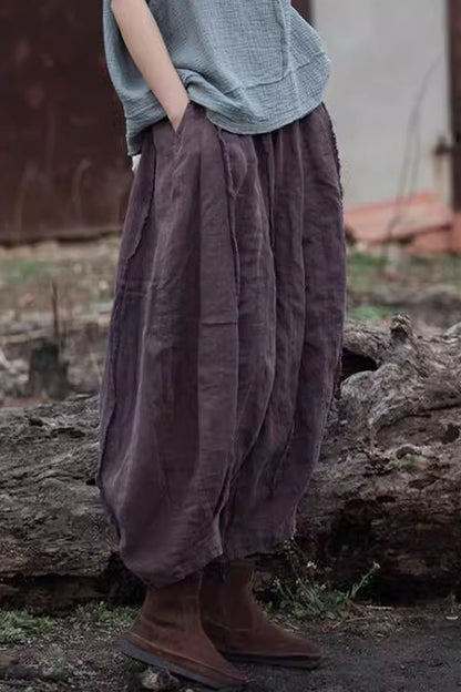 Purple Linen Cotton Bubble Pants - Loose Elastic Waist | Xiaolizi 4318