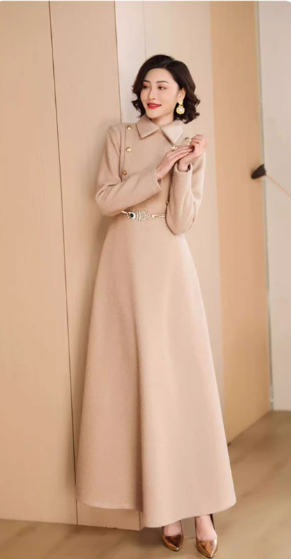 Beige Wool Maxi Dress - High Waist, Long Sleeve 4710