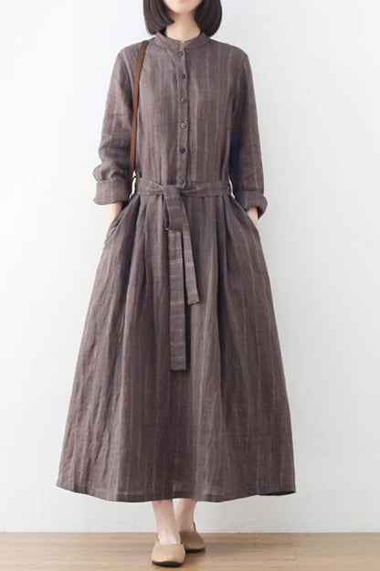 Brown Linen Maxi Dress - Banded Neckline with Pockets 4828