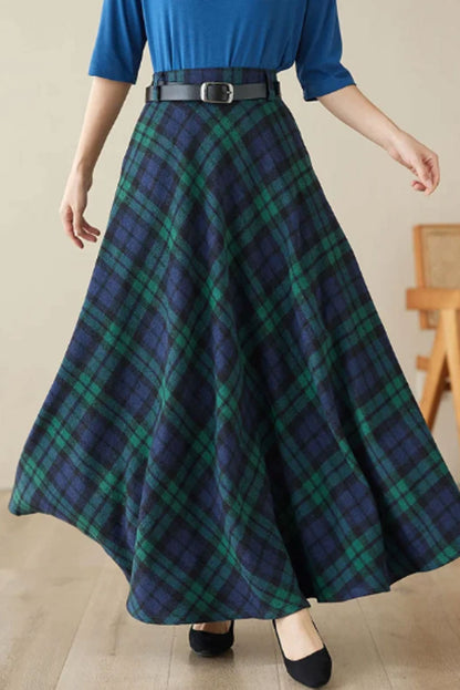 Navy & Green Plaid Wool Maxi Skirt – Vintage High Waist Ankle Length Winter Skirt 4619