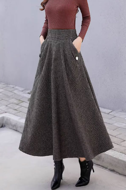 Black Gray Wool Midi Skirt - Striped A-Line with Pockets 4645-1
