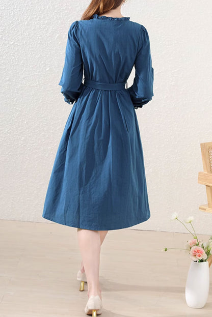 Blue Cotton Dress - Tie Belt with Ruffle Details 4889
