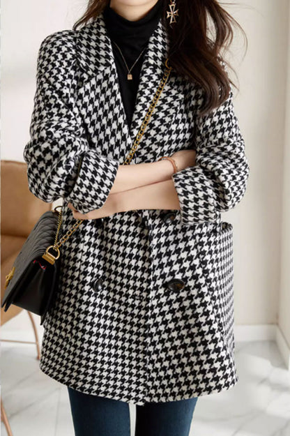 Black and White Wool Coat - Plaid Double-Breasted Lapel 4634