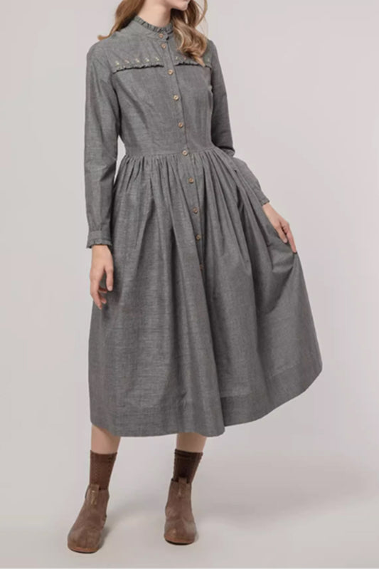Long sleees spring gray fit and flare dress 4876