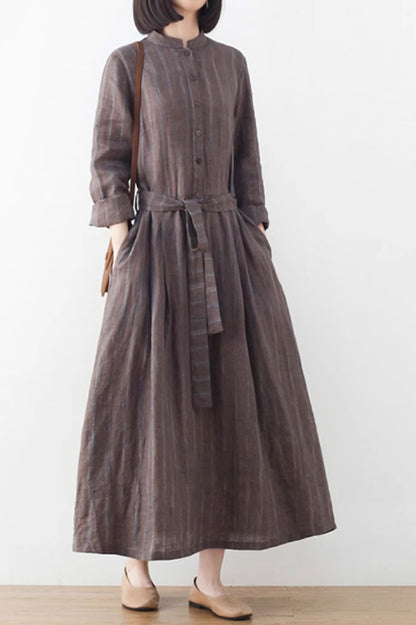 Brown Linen Maxi Dress - Banded Neckline with Pockets 4828