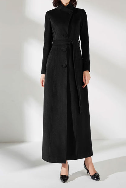 Camel Wool Long Coat - Asymmetrical Front with Tie Belt 4589