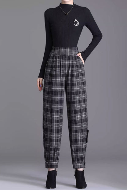 Black and White Plaid Wool Pants - Loose Fit with Back Elastic Waist 4656