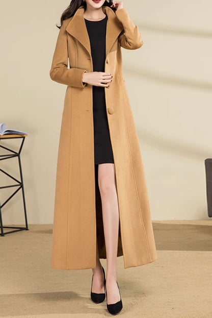 Camel Wool Long Coat - Asymmetrical Front with Tie Belt 4589