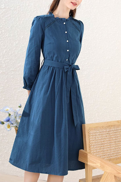 Blue Cotton Dress - Tie Belt with Ruffle Details 4889