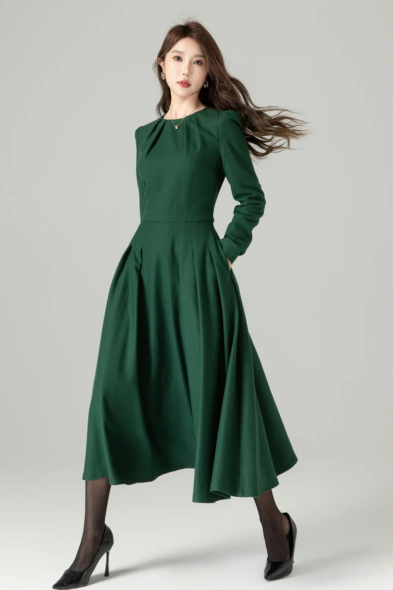 Classic Fit and Flare Wool Dress Dark Green Midi with Pleated Skirt 4494 - Emerald green / XS Classic Fit and Flare Wool Dress Dark Green Midi with Pleated Skirt 4494 - Emerald green / XS