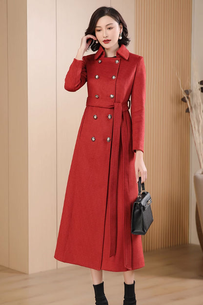 Red Wool Blend Long Coat - Double-Breasted with Belt Waist 4708