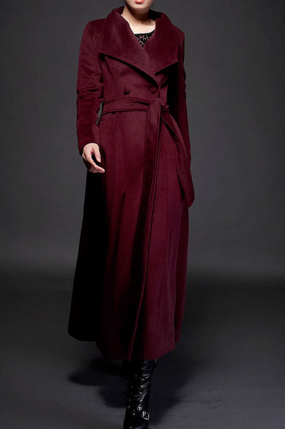 Dark Green Wool Long Coat - Double Breasted with Tie Belt 4712