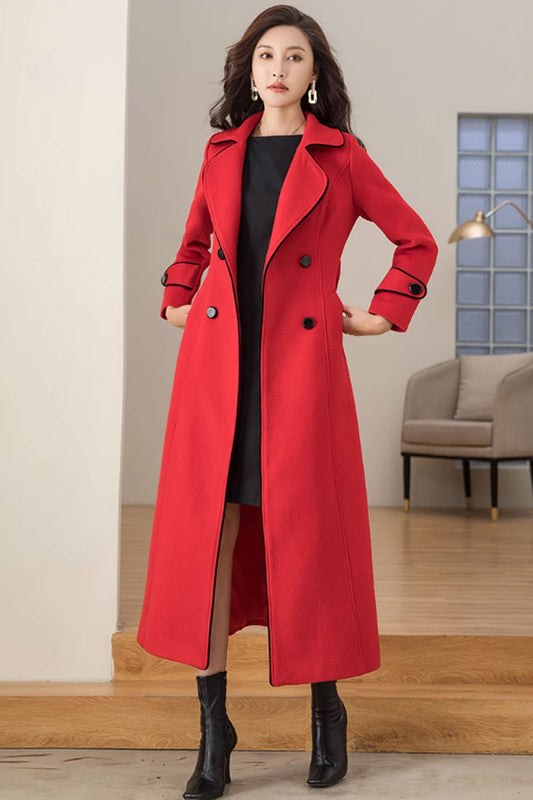 Red long winter wool coat for women 4694