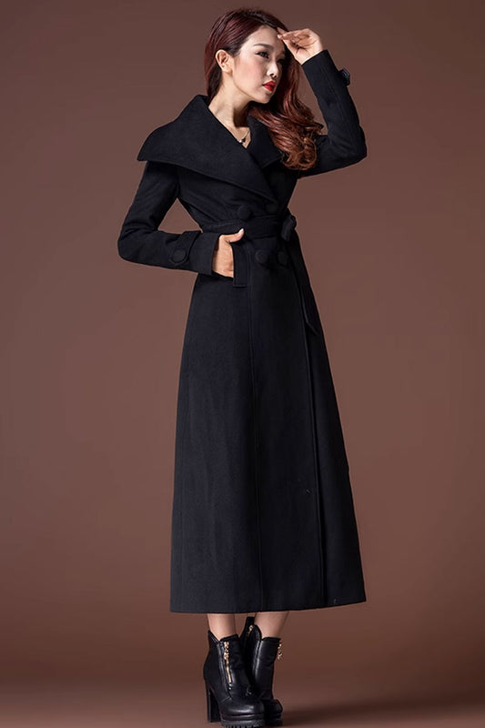 Tie belt long winter wool coat women 4689