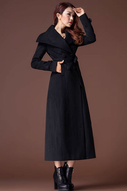 Red Wool Long Coat - Tie Belt, Big Collar Winter Outerwear 4689