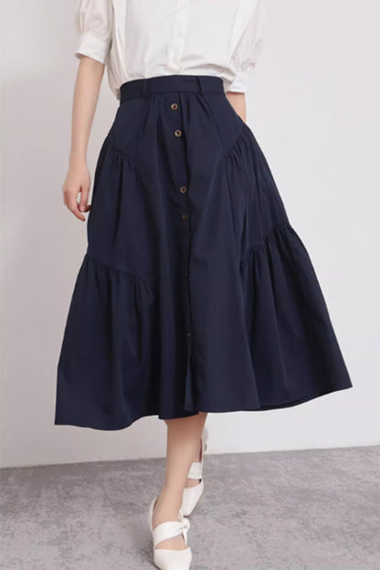 Navy Blue Polyester Midi Skirt - A-Line Tiered Ruffles 4874