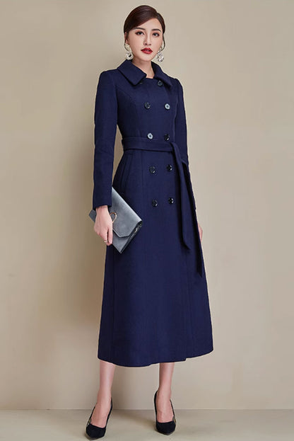 Navy Wool Long Coat - Double Breasted, Belted Elegance 4688
