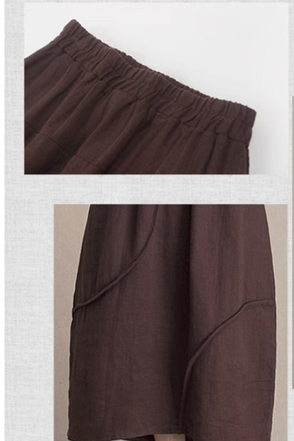 Brown Linen Midi Skirt - Bubble Silhouette with Pockets 4363