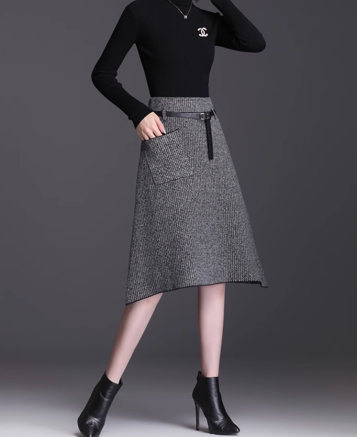 Handmade Brown Knit A-Line Skirt – Asymmetrical Hem with Pockets for Autumn Winter 6134