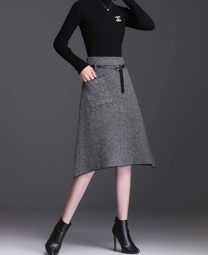 Handmade Brown Knit A-Line Skirt – Asymmetrical Hem with Pockets for Autumn Winter 6134