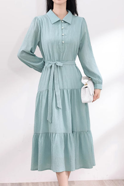 Blue Polyester Shirt Dress with Tie Belt Waist - Tiered, Long Sleeve 4877