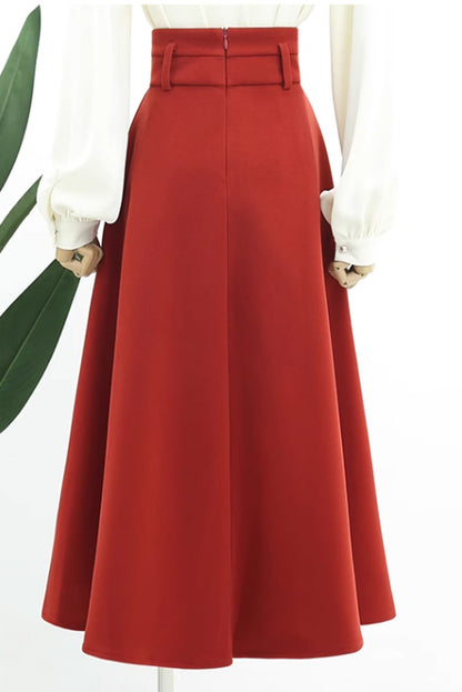 Rust Wool A-Line Skirt - Wide Waistband, Pleated Detail 4765