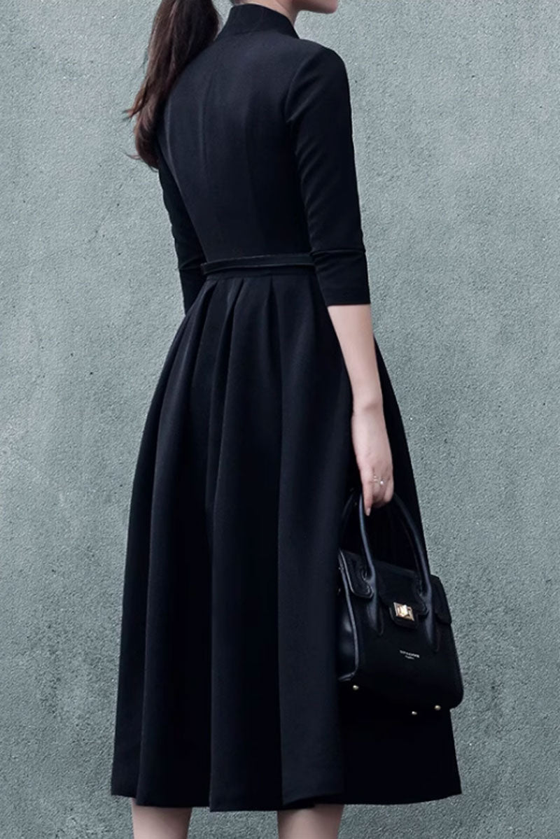 Black Polyester Fit and Flare Midi Dress with Pleated Skirt – Xiaolizi Black Polyester Fit and Flare Midi Dress with Pleated Skirt – Xiaolizi