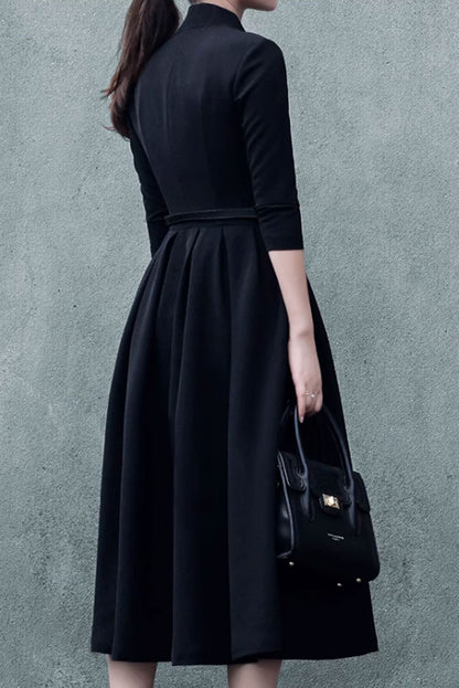 Black Polyester Fit and Flare Midi Dress - Pleated, Stand Collar 4630