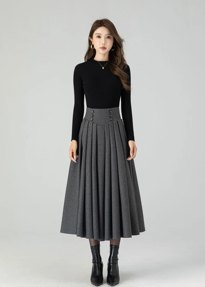Deep Gray Wool Midi Skirt – Vintage High Waist Pleated Swing Skirt 4552