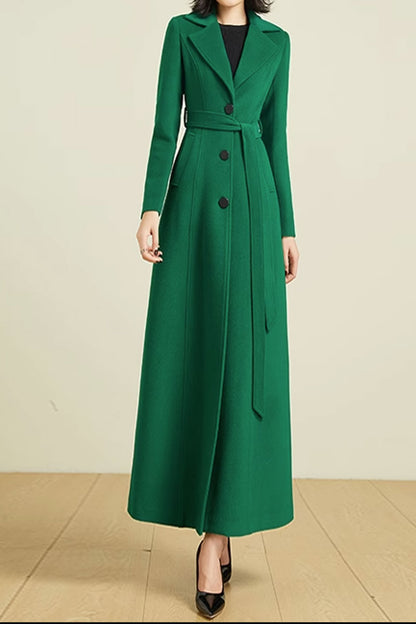 Green Wool Maxi Coat - Belted Waist, Lapel Collar 4590