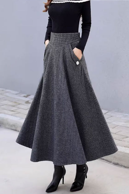 Black & Gray Wool Midi Skirt - A-Line Silhouette with Pockets 4645