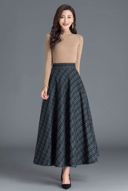 Plaid Wool Maxi Skirt - Vintage A-Line Silhouette 4674-1