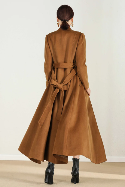 Camel Wool Maxi Coat - Single Breasted A-Line with Tie Waist 2498